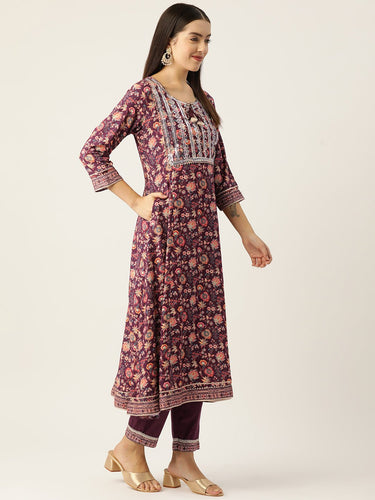 Women Floral Printed Regular Sequinned Kurta with Trousers & Dupatta - RueCollections
